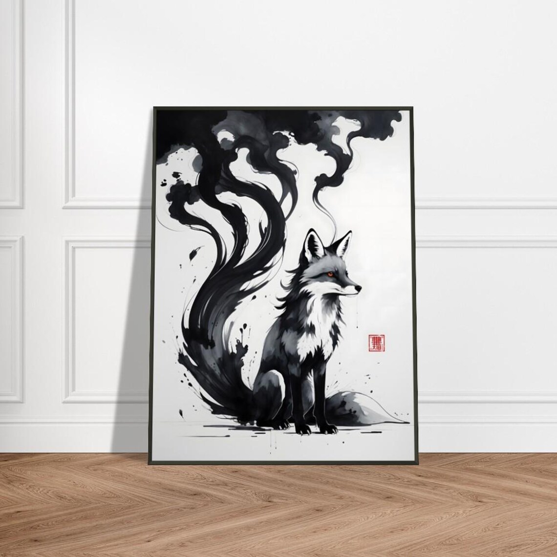 Mystical Spirit Fox With Smoky Flowing Tails Japanese Ink Poster
