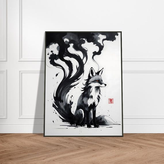 Fox Wall Art Japanese Ink Wash Painting With Smoky Tails And Fiery Eyes Metal Frame Mystical Decor For Home Or Office