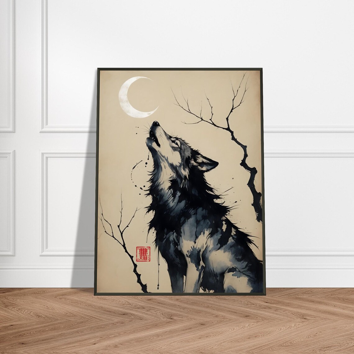 Wolf Howling at the Crescent Moon in Japanese Ink Wash Poster