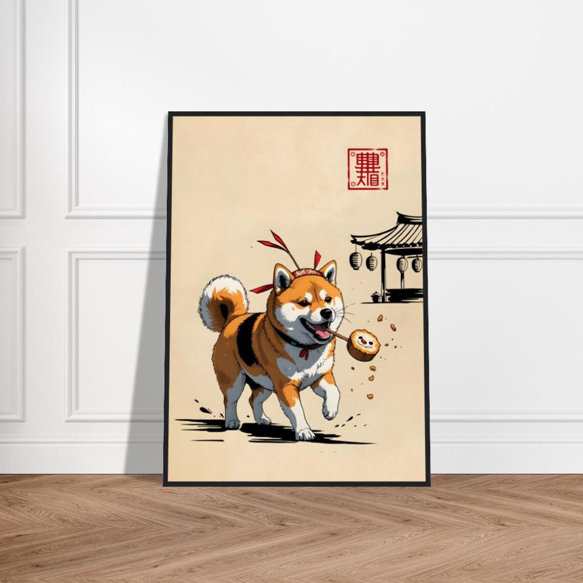 Happy Festival Shiba Inu Dog With Sushi Roll Japanese Art Poster