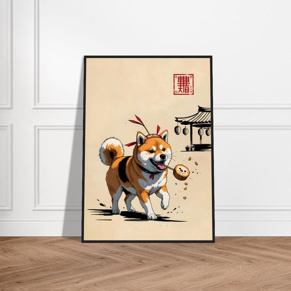 Japanese Festival Shiba Inu Art Print Dog With Sushi Roll Traditional Asianinspired Illustration Whimsical Wall Decor