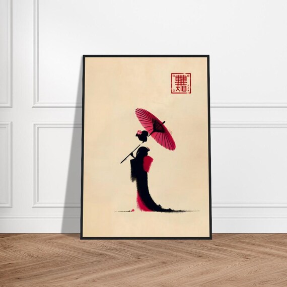 Minimalist Geisha Silhouette With Fully Red Wagasa Umbrella Poster