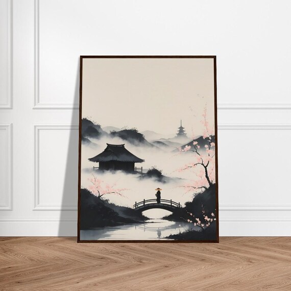 Misty Japanese Landscape Cherry Blossoms Bridge Pagoda Poster