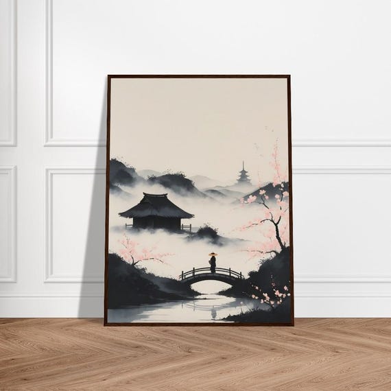 Tranquil Misty Landscape With Cherry Blossoms Traditional Bridge Pagoda And Serene Figure In Hat