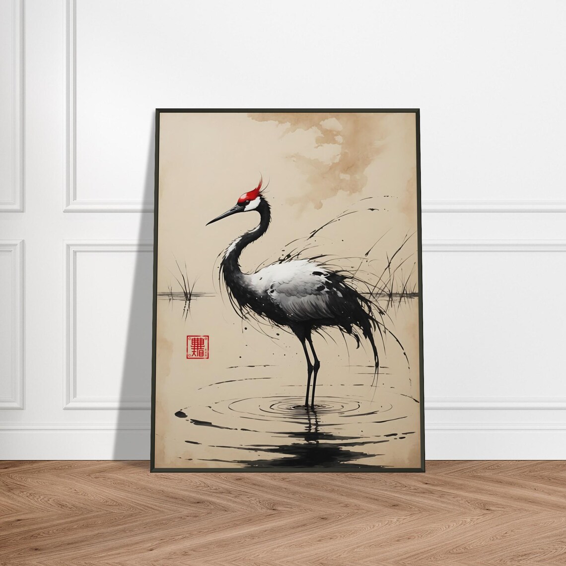 Elegant Red Crowned Crane Wading in Water Vintage Ink Wash Poster