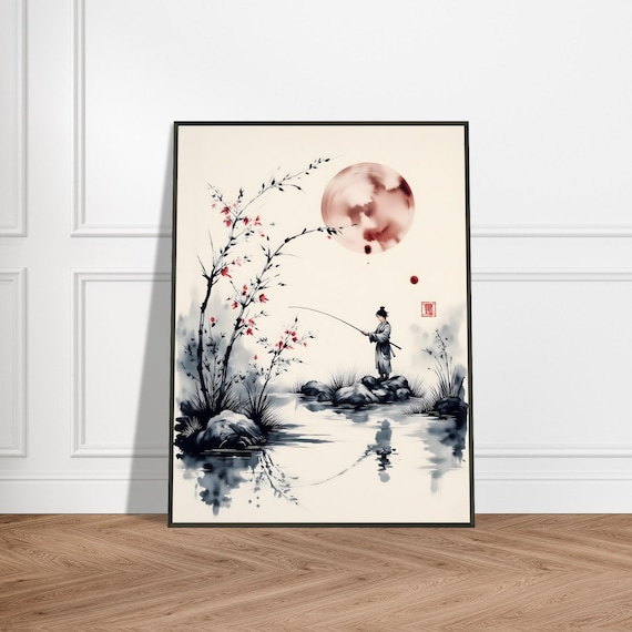 Fisherman On Rocks Cherry Blossoms Moon Japanese Ink Art Poster