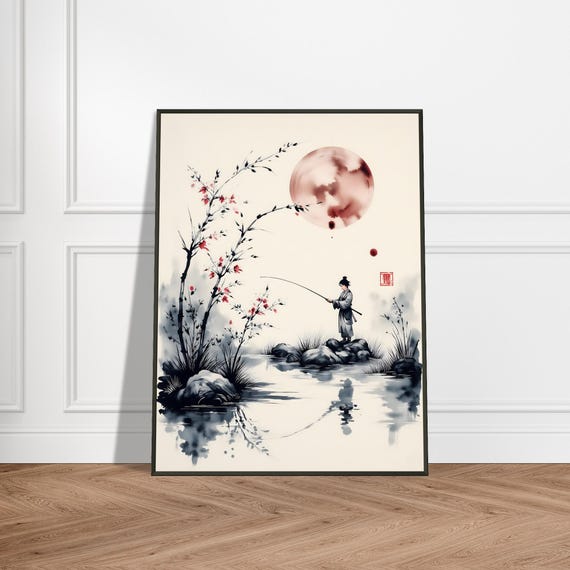 Japanese Fishing Scene Wall Art Zen Ink Painting With Red Sun Cherry Blossoms Serene Nature Print In Metal Frame For Tranquil Decor