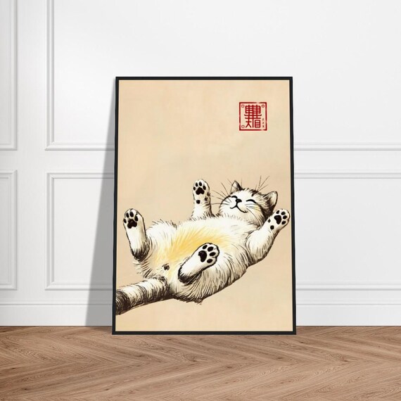 Fluffy White Cat Paws Up Golden Belly Ink Japanese Art Poster
