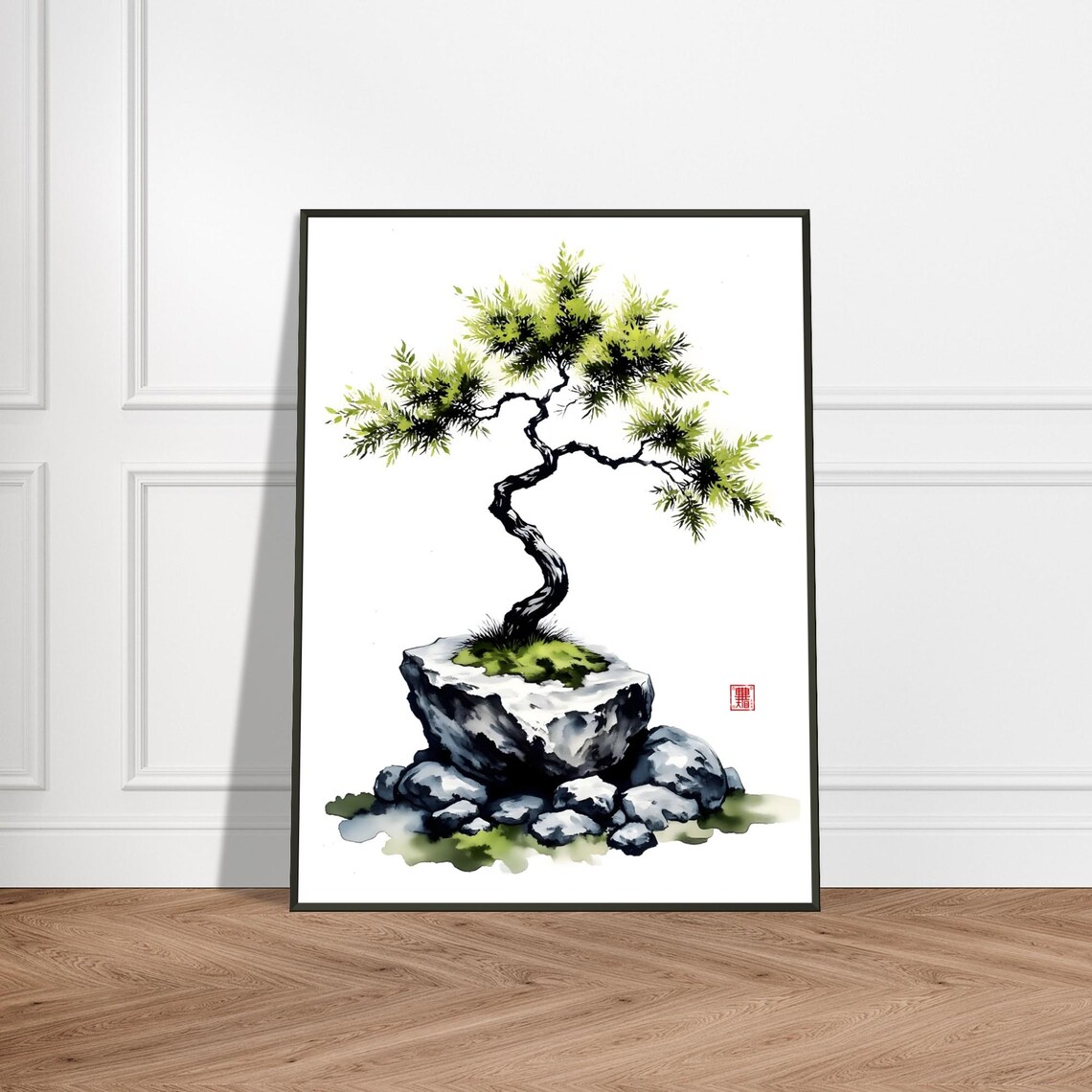 Pine Sapling on Mossy Rock Fresh Green Watercolor Ink Poster