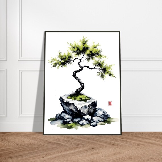 Pine Sapling on Mossy Rock Fresh Green Watercolor Ink Poster