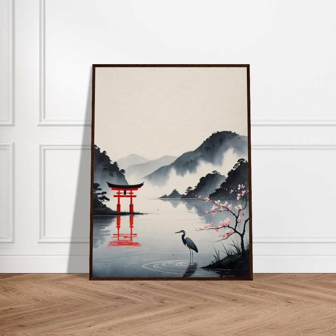Red Torii Gate in Lake With Heron Cherry Blossoms Ink Poster