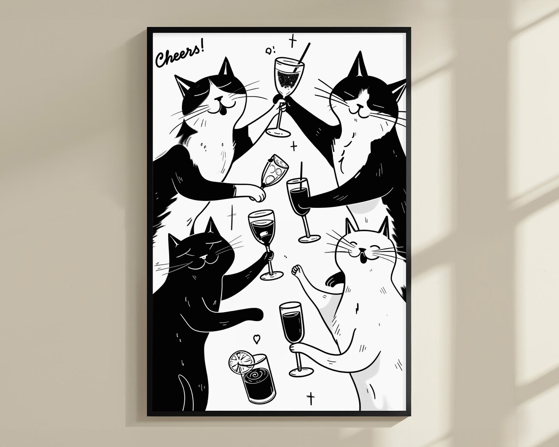 Cheers Cats Celebration Five Cats Cocktail Toast Quote Poster - Image 3