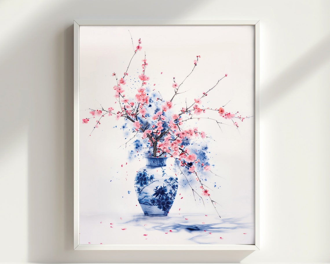 Pink Blossom Watercolor Blue Vase Delicate Petal Spring Flower Poster - Image 2