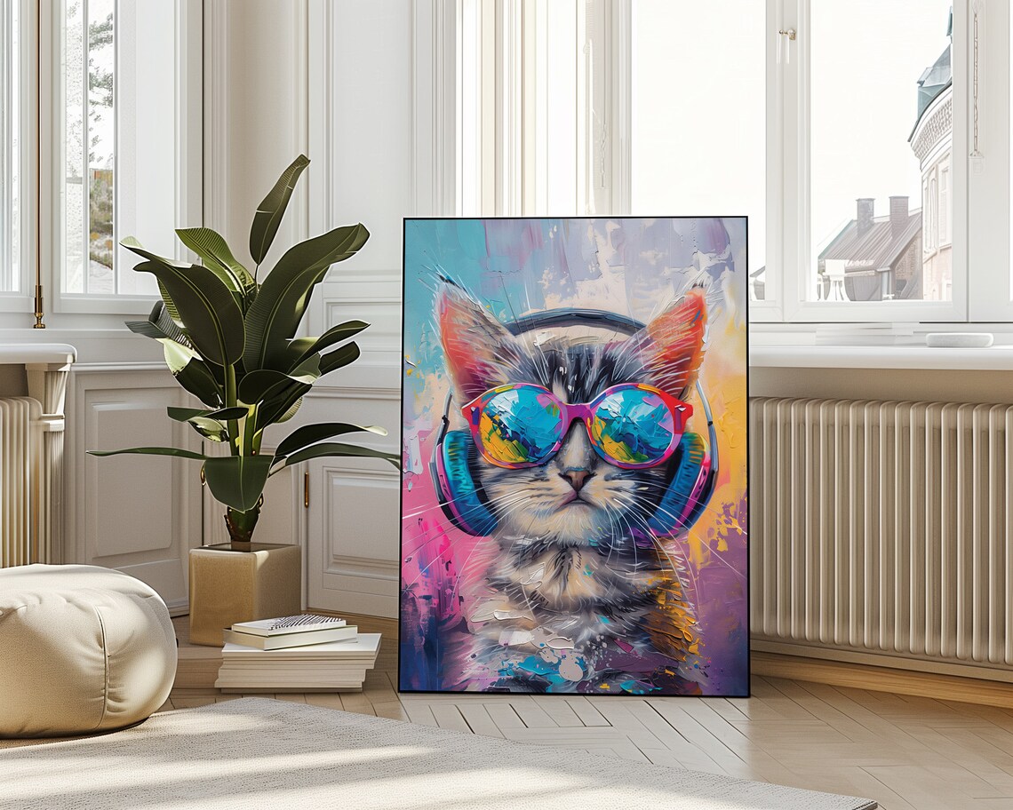 Sliver Tabby Cat With Headphone Tabby Cat Poster Cat Print Cat Funny Poster Funny Animal Print Vivid Oil Painting Cat Music Wall Art - Image 4