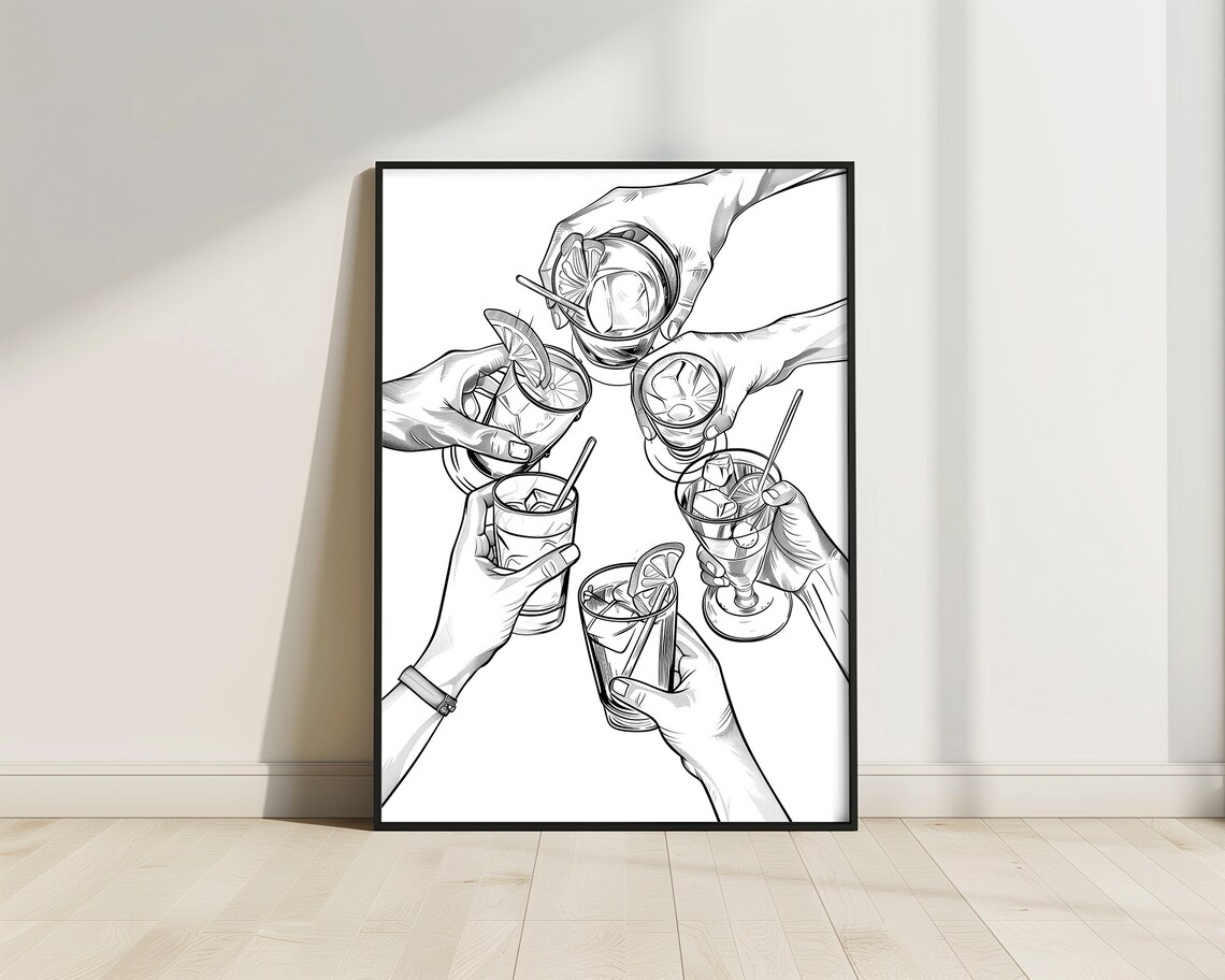 Cheers Cocktail Hands Black White Sketch Toast Celebration Poster