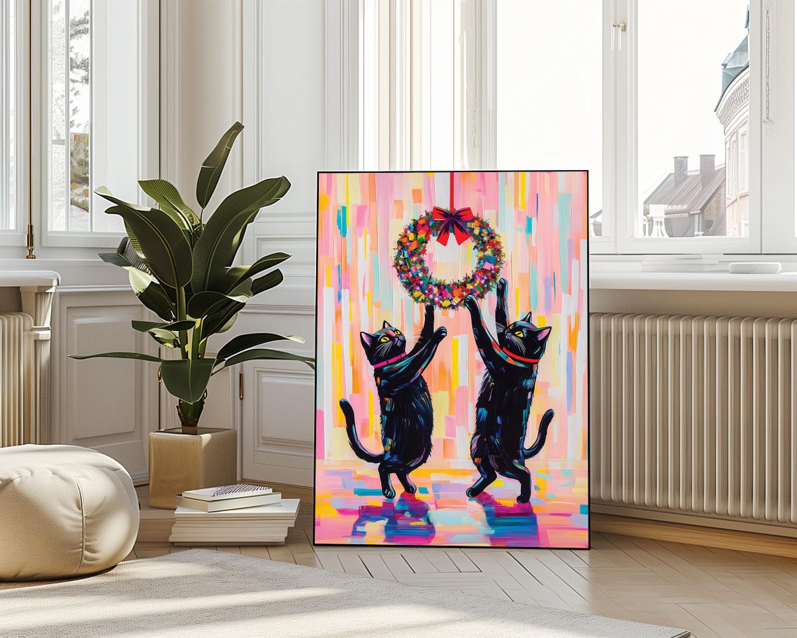 Black Cats Catching Christmas Wreath Black Cat Poster Print Christmas Print Xmas Poster Funny Animal Print Vivid Oil Painting Cat Xmas - Image 4