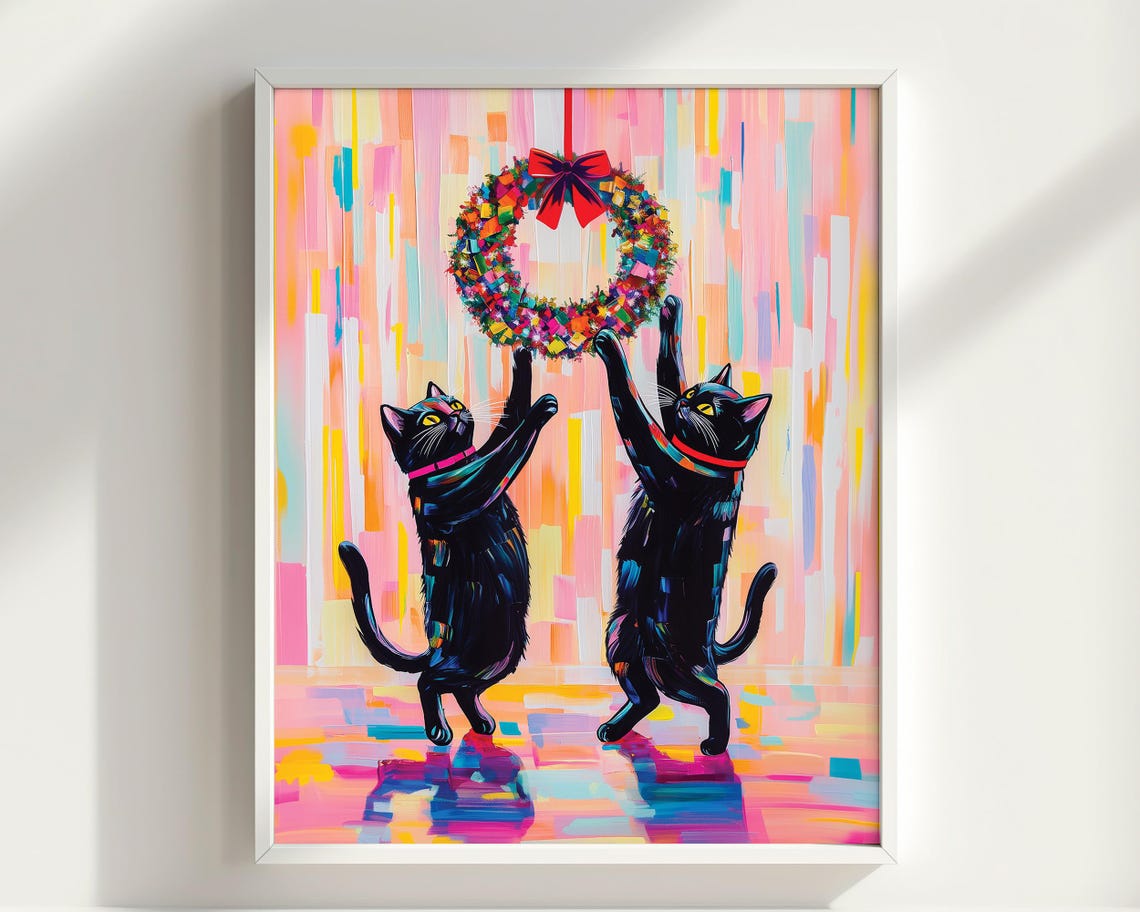 Black Cats Catching Christmas Wreath Black Cat Poster Print Christmas Print Xmas Poster Funny Animal Print Vivid Oil Painting Cat Xmas - Image 2