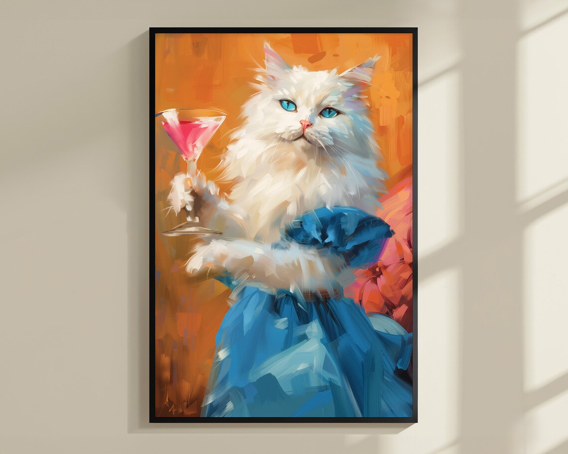 White Cat Cheers Cocktail Funny Feline Toast Vivid Oil Painting Poster - Image 3