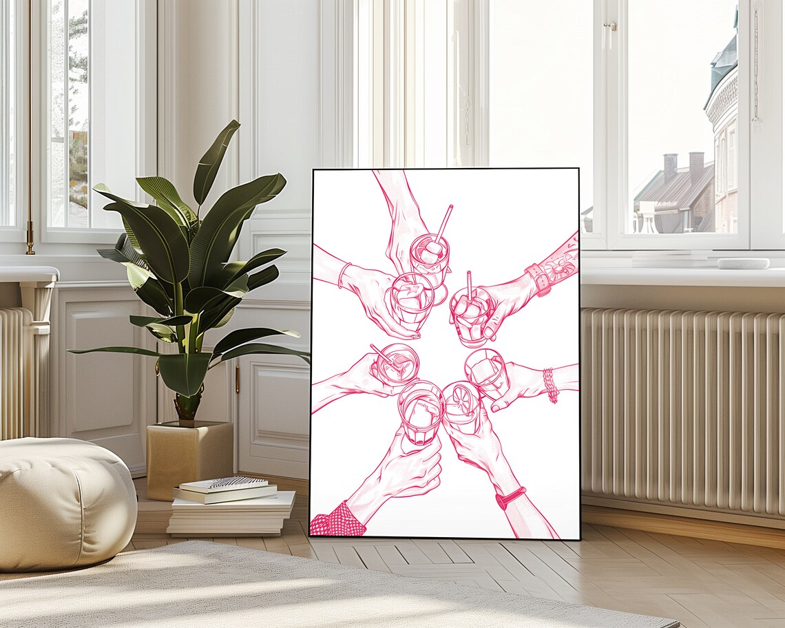 Cheers Hands Pink Cocktail Toast Friends Celebration Sketch Poster - Image 4
