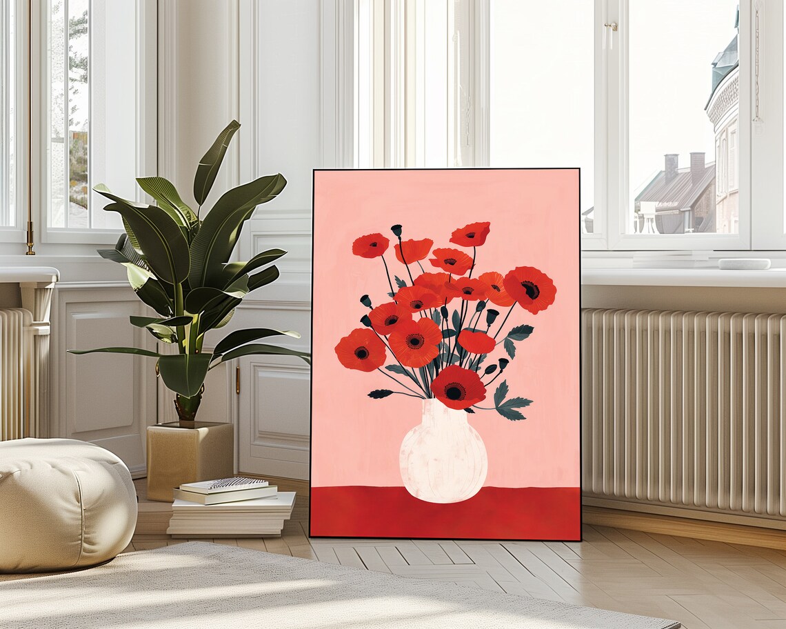 Red Poppies White Vase Minimalist Floral Still Life Pink Bloom Poster - Image 4