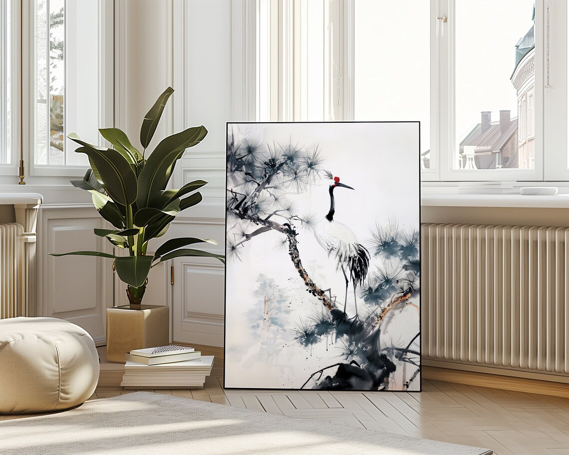 Red Crowned Crane Pine Branch Chinese Ink Painting Bird Nature Poster - Image 4