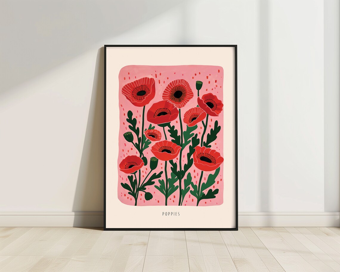 Red Poppy Botanical Illustration Pink Background Floral Bloom Poster
