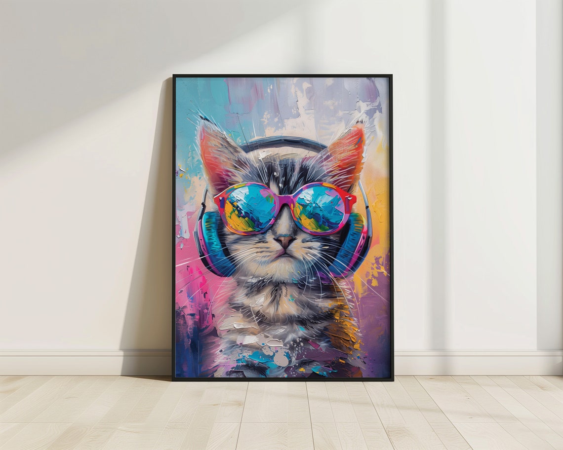 Cool Tabby Cat With Headphones Rainbow Sunglasses Pop Art Poster