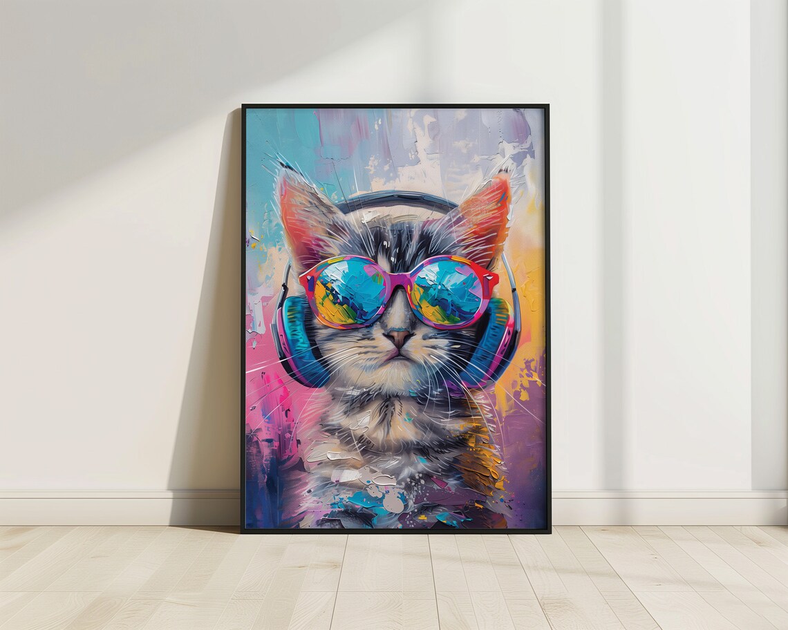 Sliver Tabby Cat With Headphone Tabby Cat Poster Cat Print Cat Funny Poster Funny Animal Print Vivid Oil Painting Cat Music Wall Art