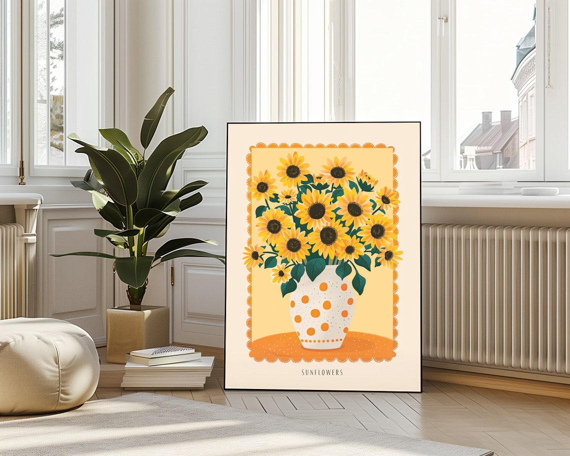 Sunflowers In Polka Dot Vase Vintage Botanical Illustration Print - Image 4