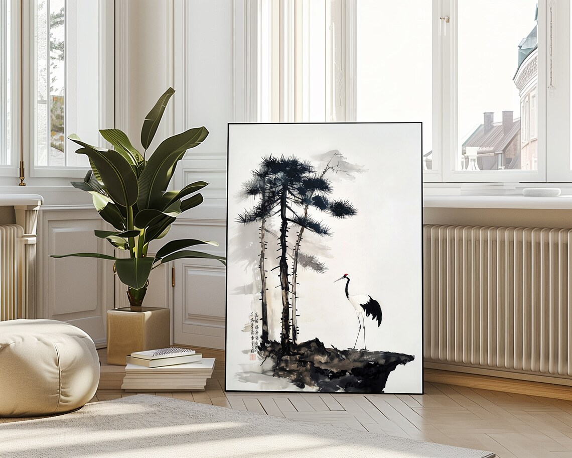 Standing Crane Pine Tree Rock Chinese Ink Wash Minimal Zen Bird Poster - Image 4