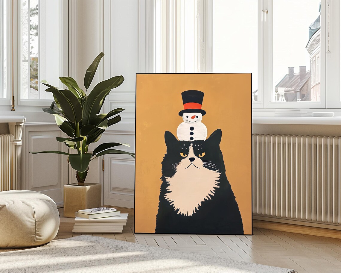 Black Tuxedo Cat Snowman Hat Funny Christmas Holiday Wall Art - Image 4