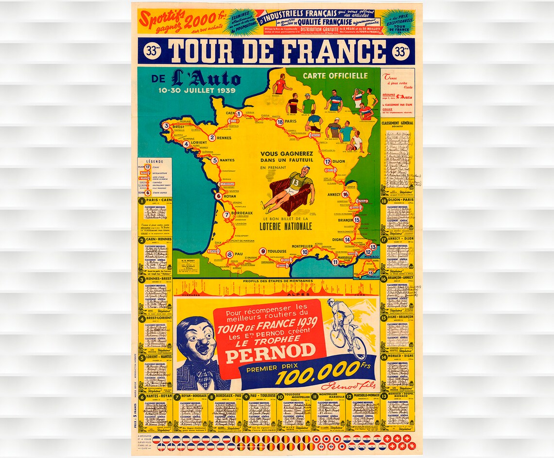 1939 Tour de France de L'Auto Official Race Map Vintage Poster