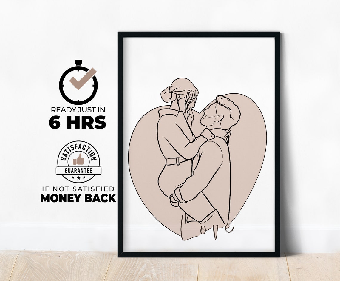 Minimalist Couple Line Art with Heart and Love Script Poster