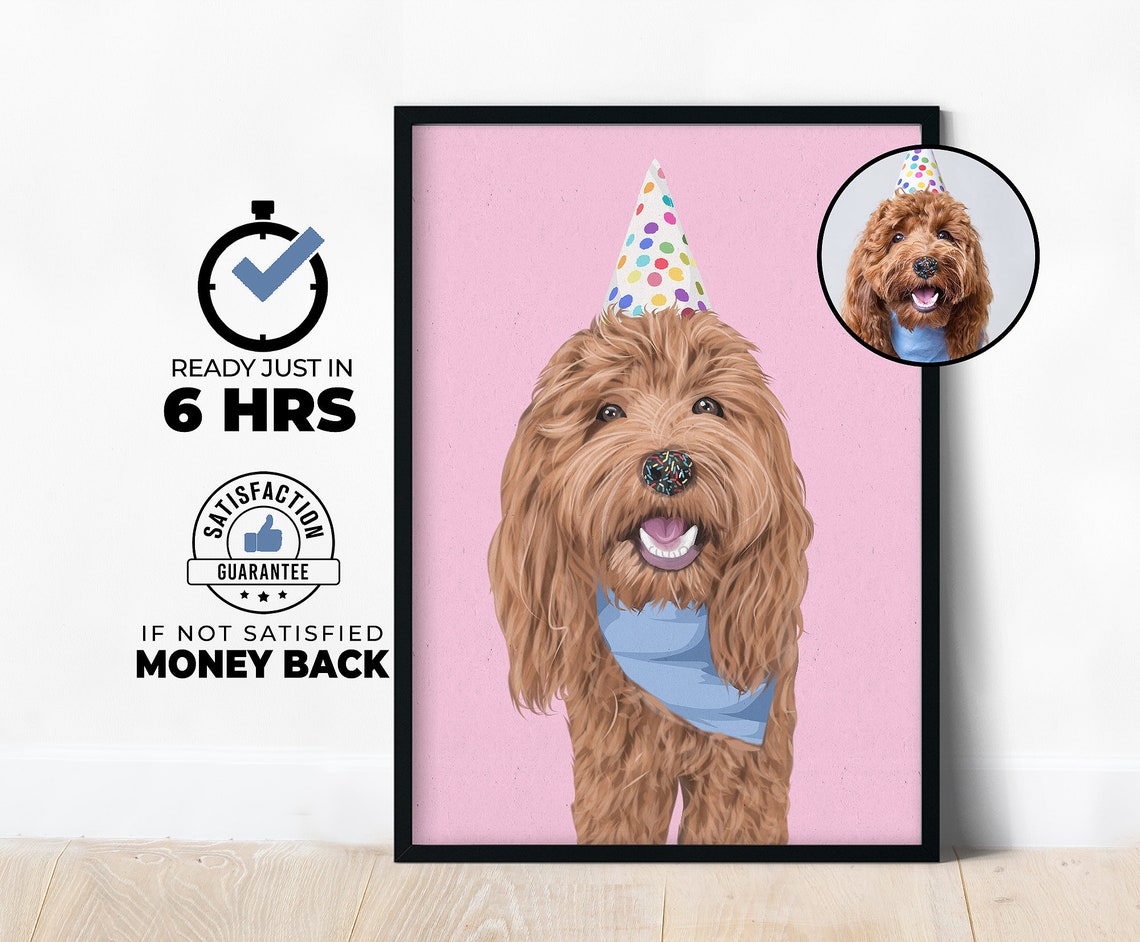 Happy Curly Dog in Party Hat on Pink Custom Pet Portrait Poster