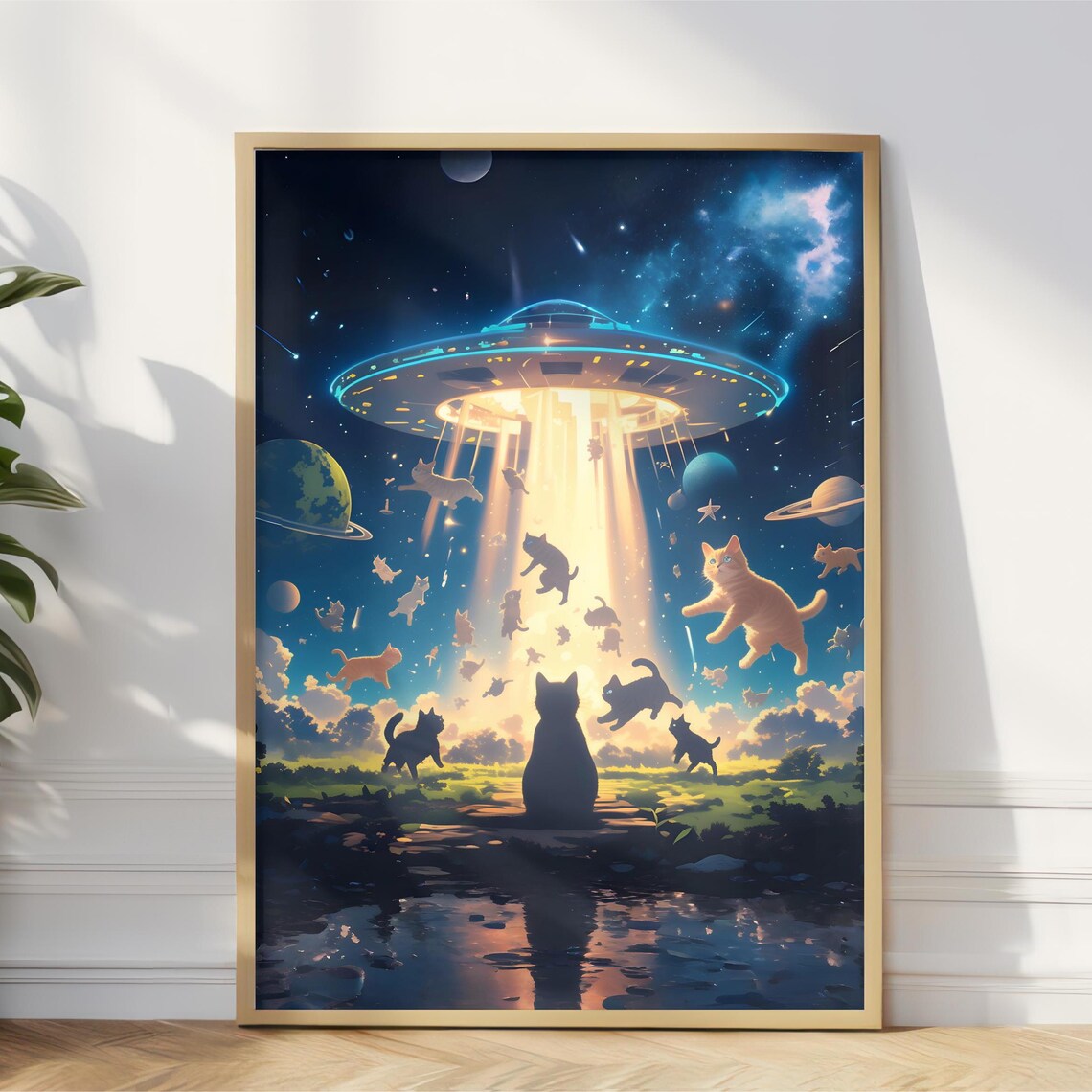 Intergalactic Cat Abduction Cosmic UFO Art Print
