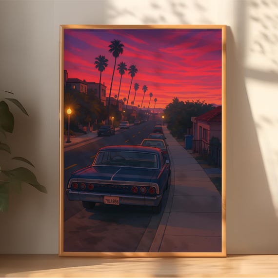 Retro Palm Tree Sunset Street Classic Car Anime Lofi Night Poster