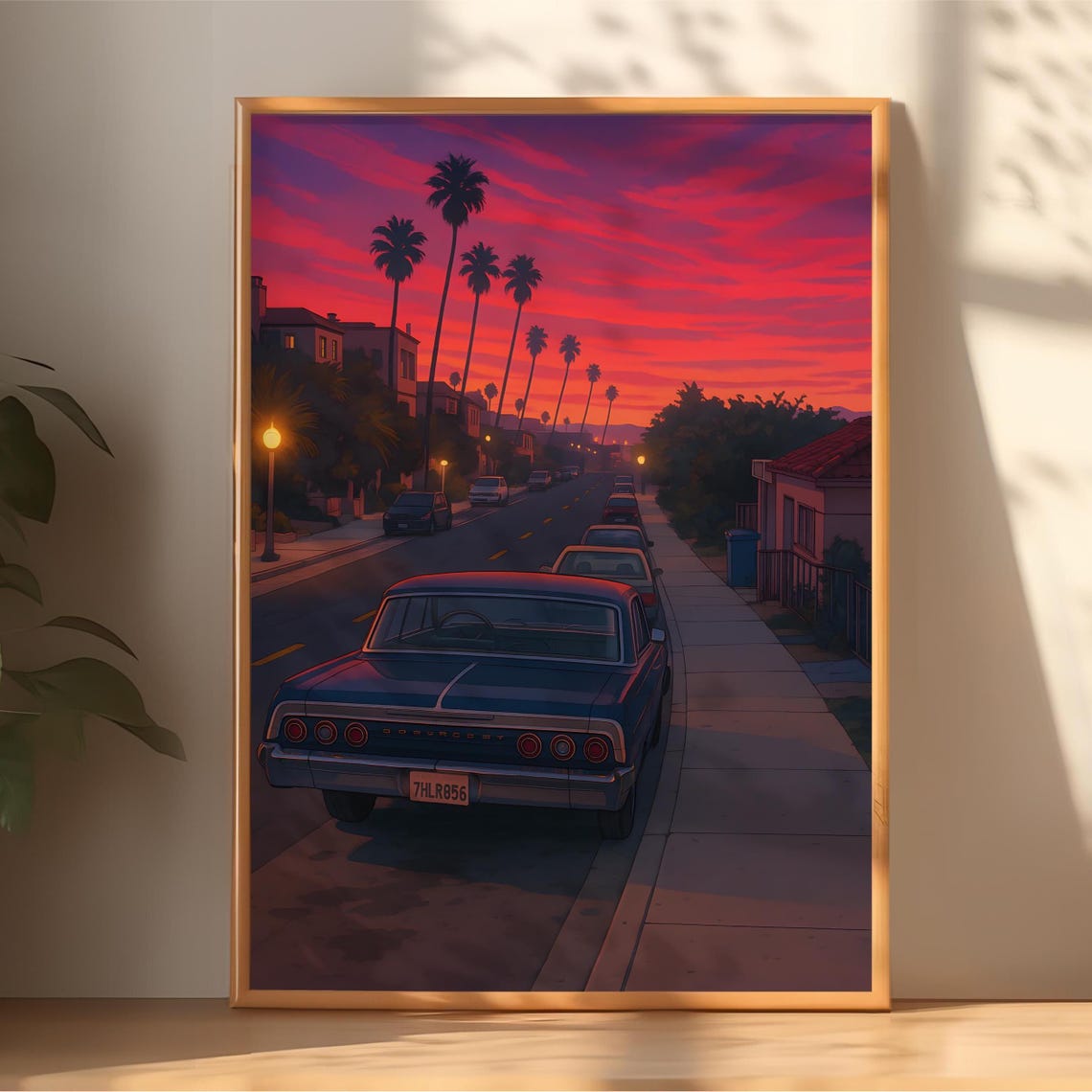 Retro Palm Tree Sunset Street Classic Car Anime Lofi Night Poster