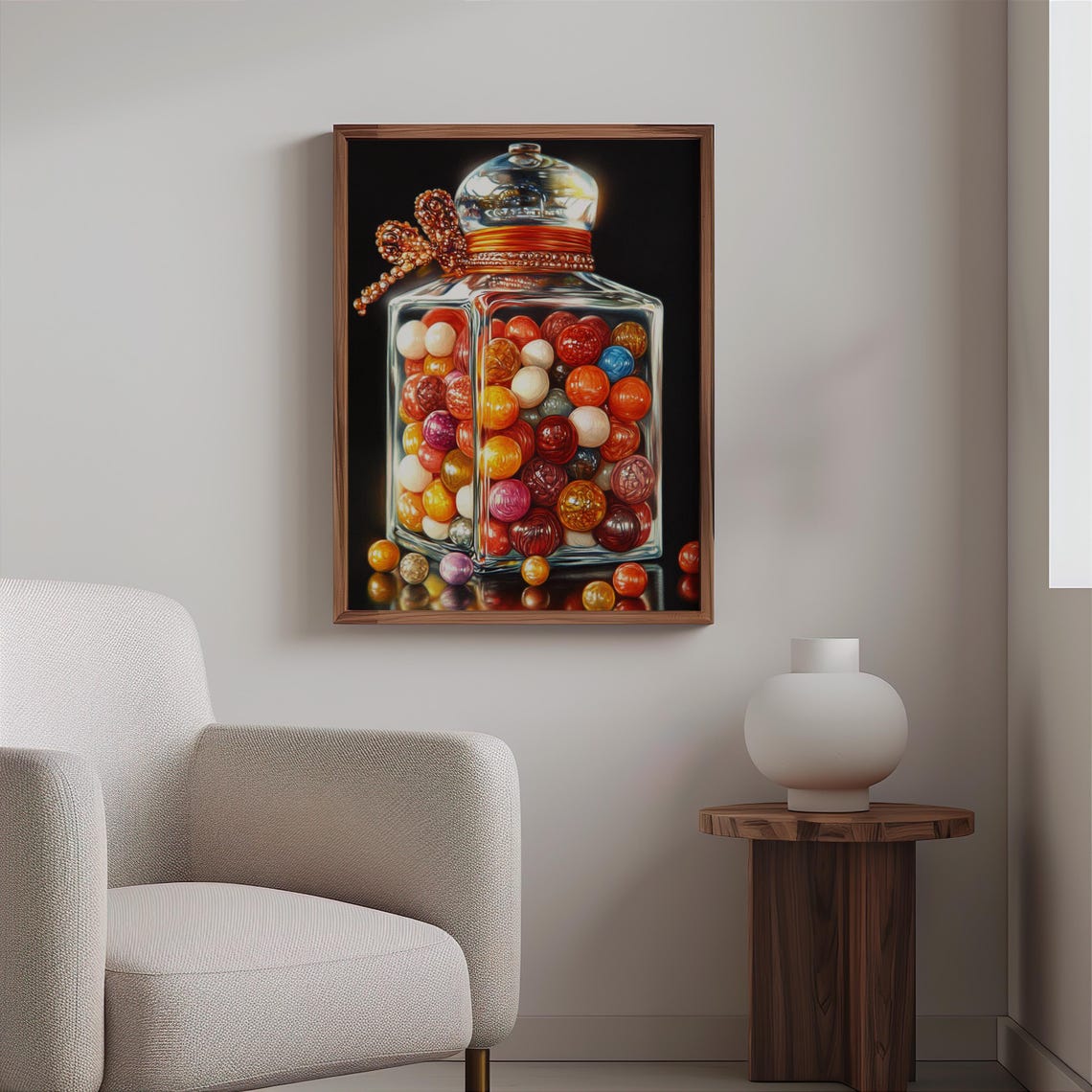 Glass Candy Jar Beaded Bow Rainbow Gumballs Black Background Poster - Image 2