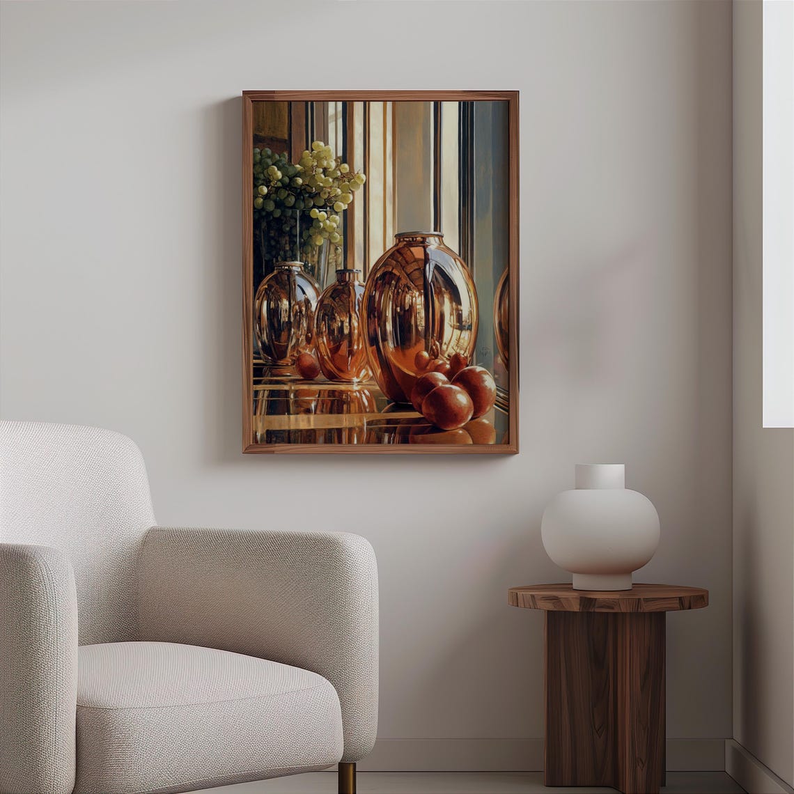 Copper Vases Green Grapes Apples Reflective Surface Still Life Print - Image 2