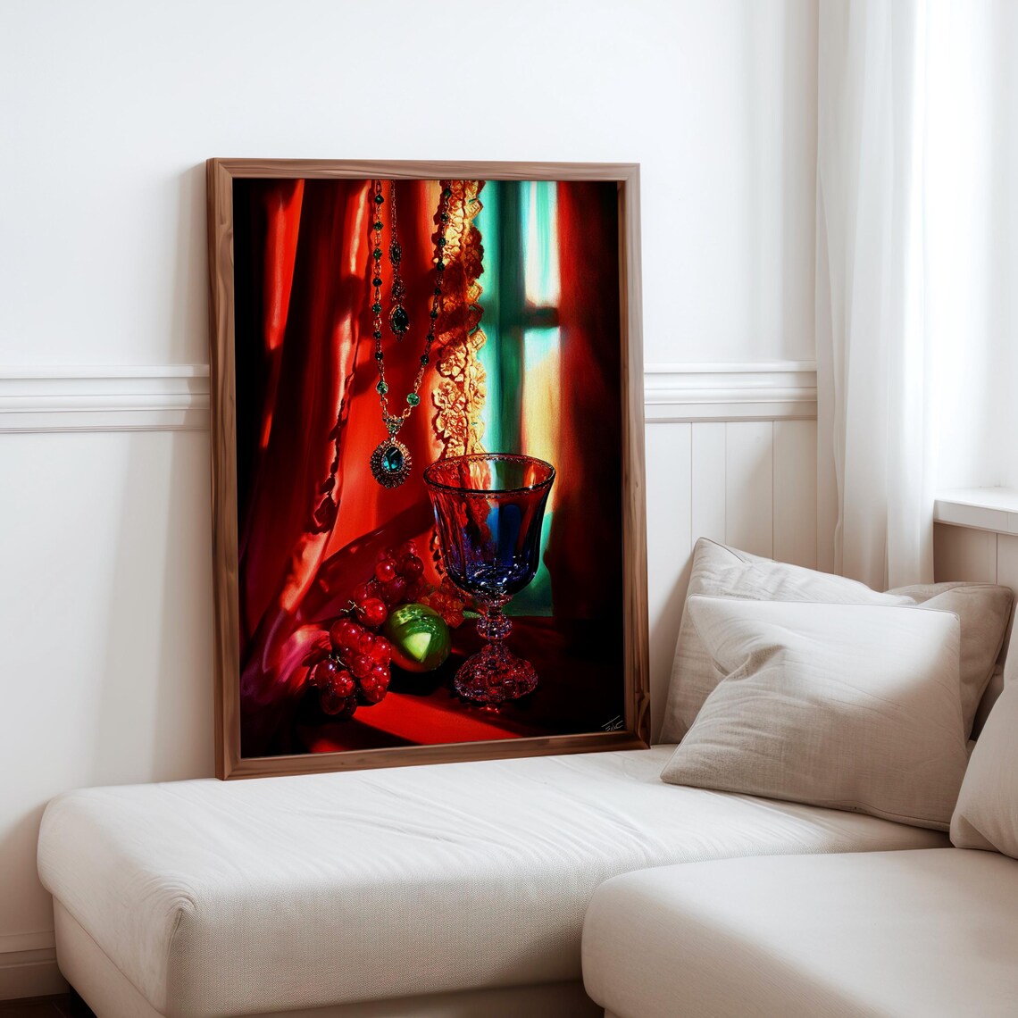 Crystal Goblet Emerald Pendant Grapes Red Silk Photorealism Poster