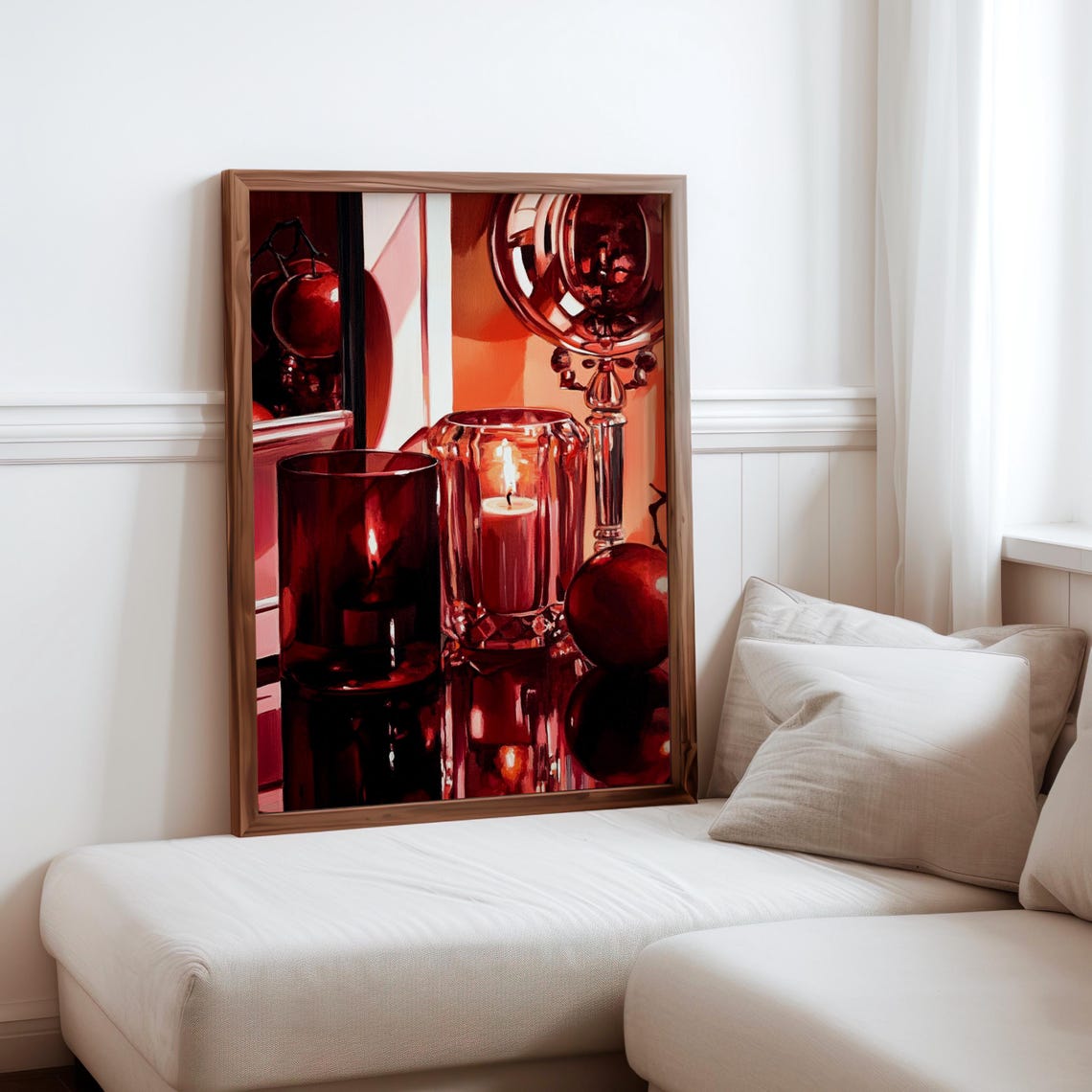 Deep Ruby Red Glass Candlelight Still Life with Plums Poster Art