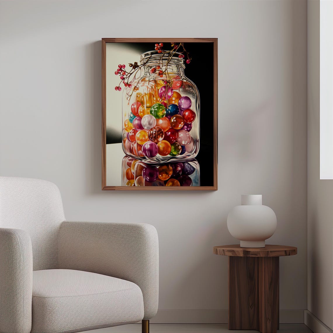 Glass Jar Marbles Red Berries Branch Elegant Photorealism Art Poster - Image 2