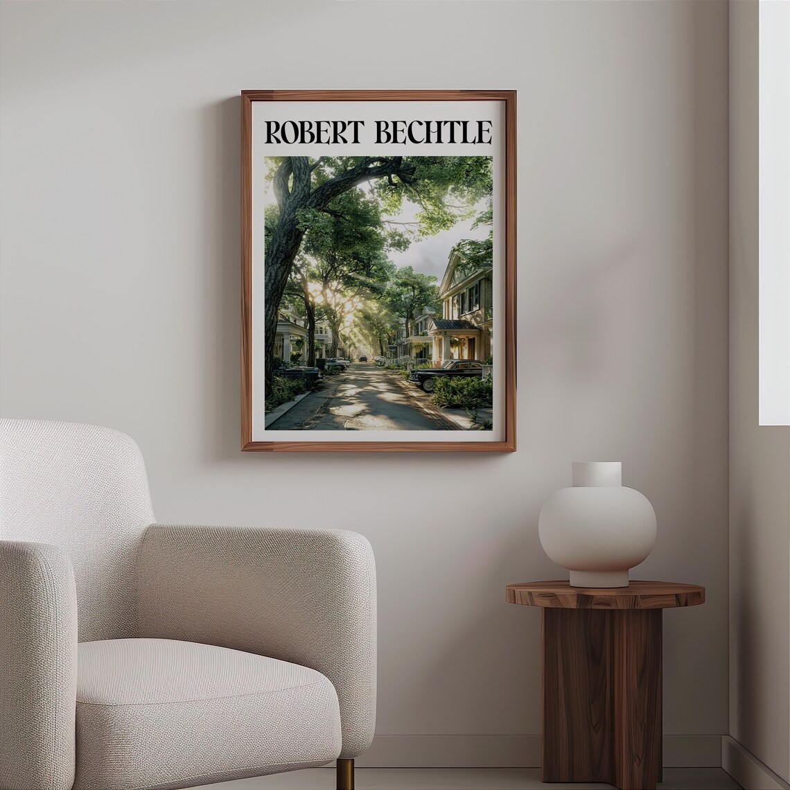 Sunlit Tree Lined Suburban Street Classic Cars Photorealism Art Poster - Image 2