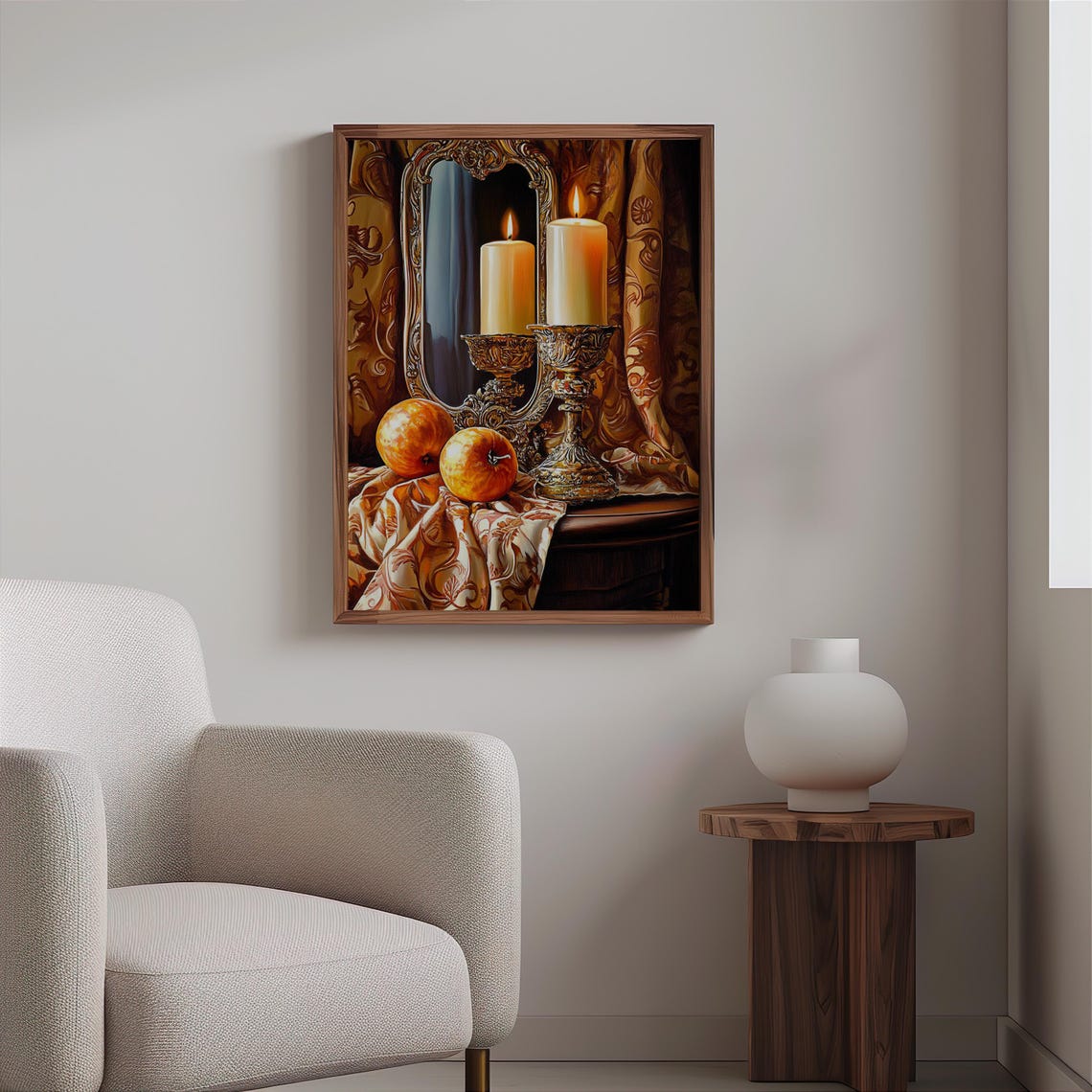 Bronze Candlesticks Apples Damask Drapery Still Life Art Print - Image 2