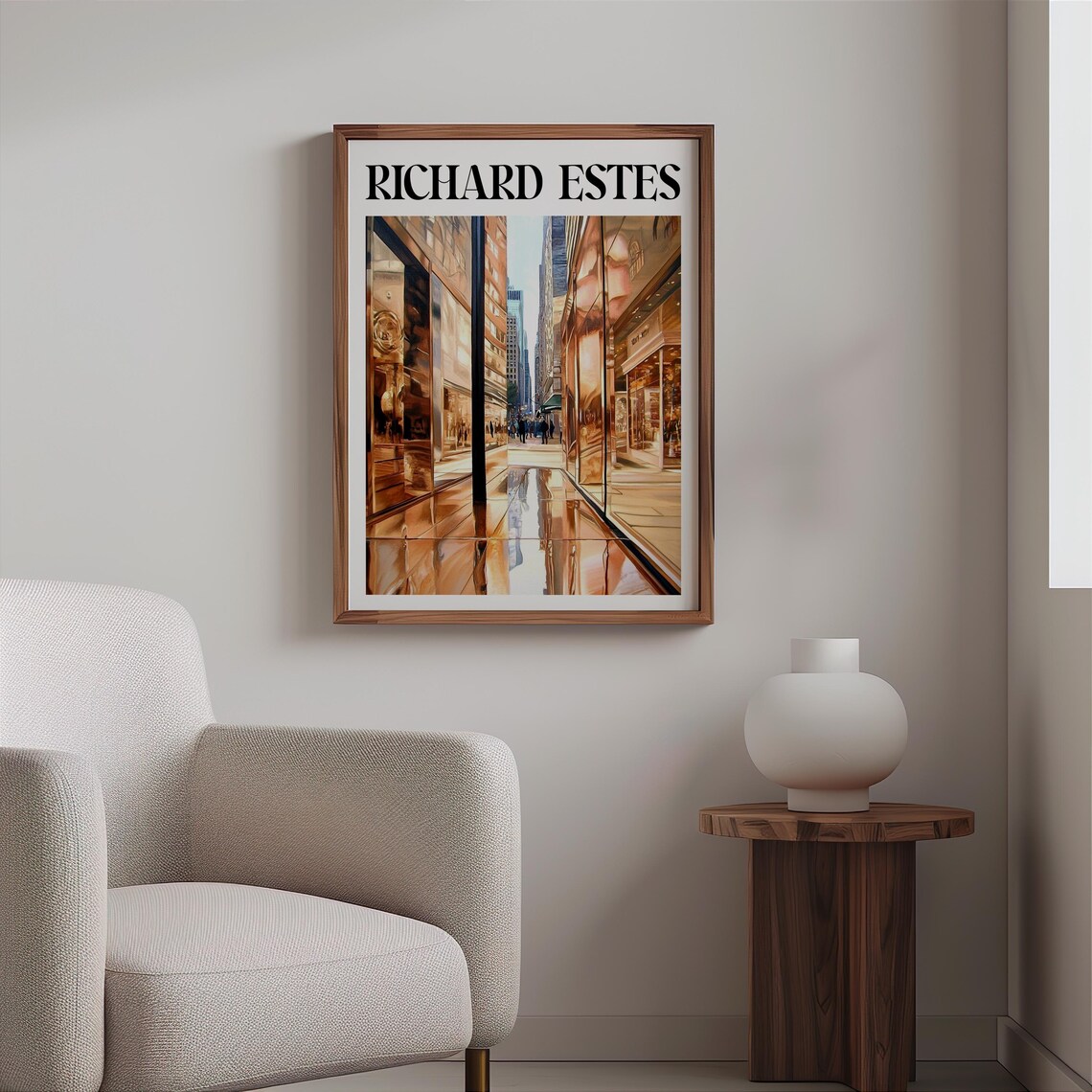 Golden Mirrored Shopping Arcade Storefronts Photorealism City Poster - Image 2