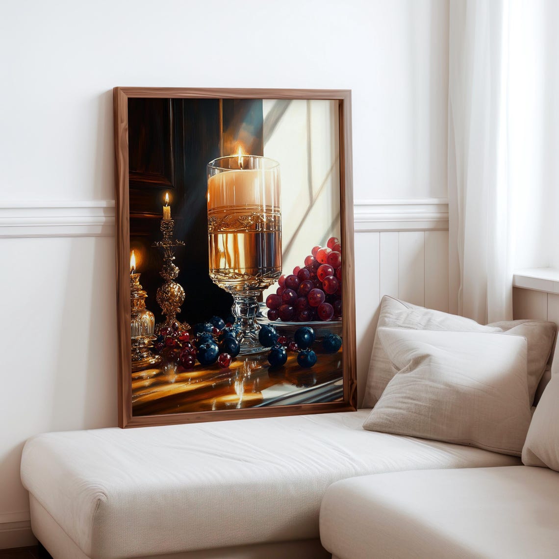 Candlelight in Hurricane Glass with Grapes Still Life Poster