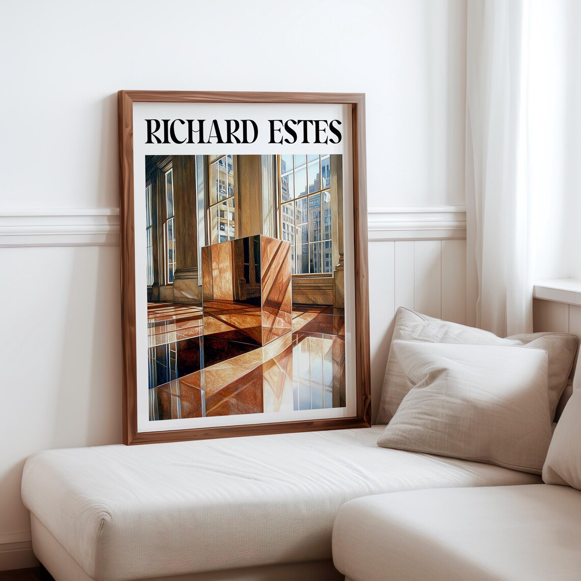 Marble Lobby Wooden Pedestal Sunlit Windows Photorealism Art Poster