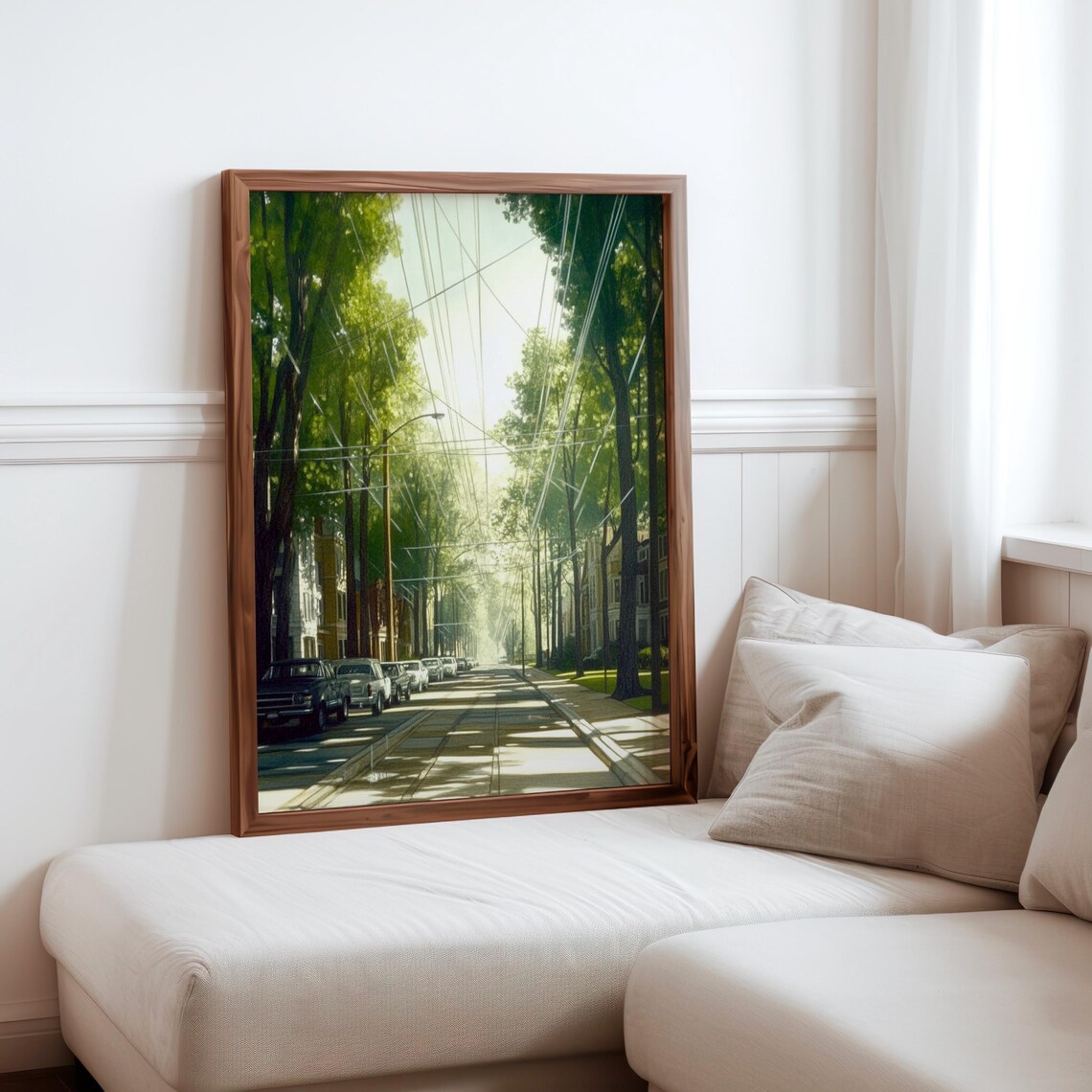 Photorealistic Tree Lined Suburban Street Vintage Cars Sunlight Poster