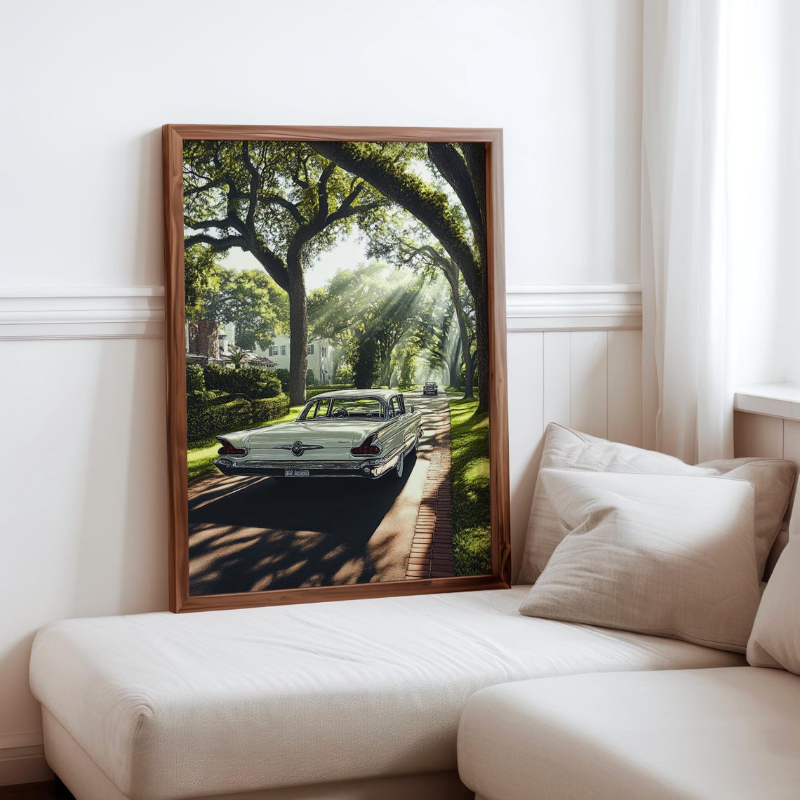 Photorealistic White Vintage Sedan Shady Oak Avenue Drive Poster