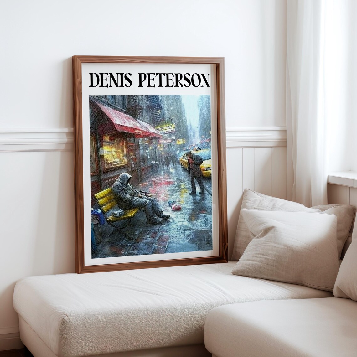 Denis Peterson Rainy New York Street Bench Sleeper Taxi Art Poster